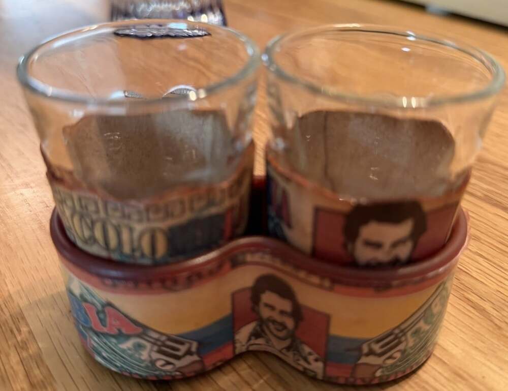 Rare Pablo Escobar Colombian Leather Tooled Sleeved Shot Glasses 2 W/holder -LV